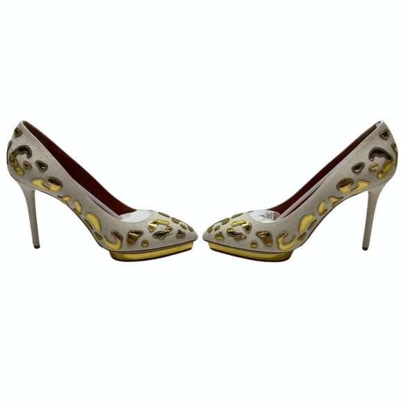 NEW w/ Box & Dust Covers Charlotte Olympia Debbie Linen & Gold Pumps EU 40 $975 - Picture 4 of 8